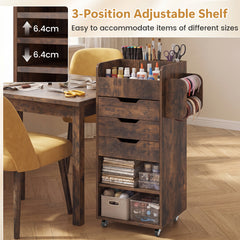 Rolling Storage Cart with 3 Drawers & 2 Shelves and Dowel Rods for Kitchen-Rustic Brown
