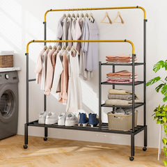 Rolling Clothes Drying Rack with 2 Adjustable Hanging Bars-Black & Gold