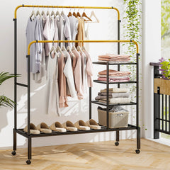 Rolling Clothes Drying Rack with 2 Adjustable Hanging Bars-Black & Gold