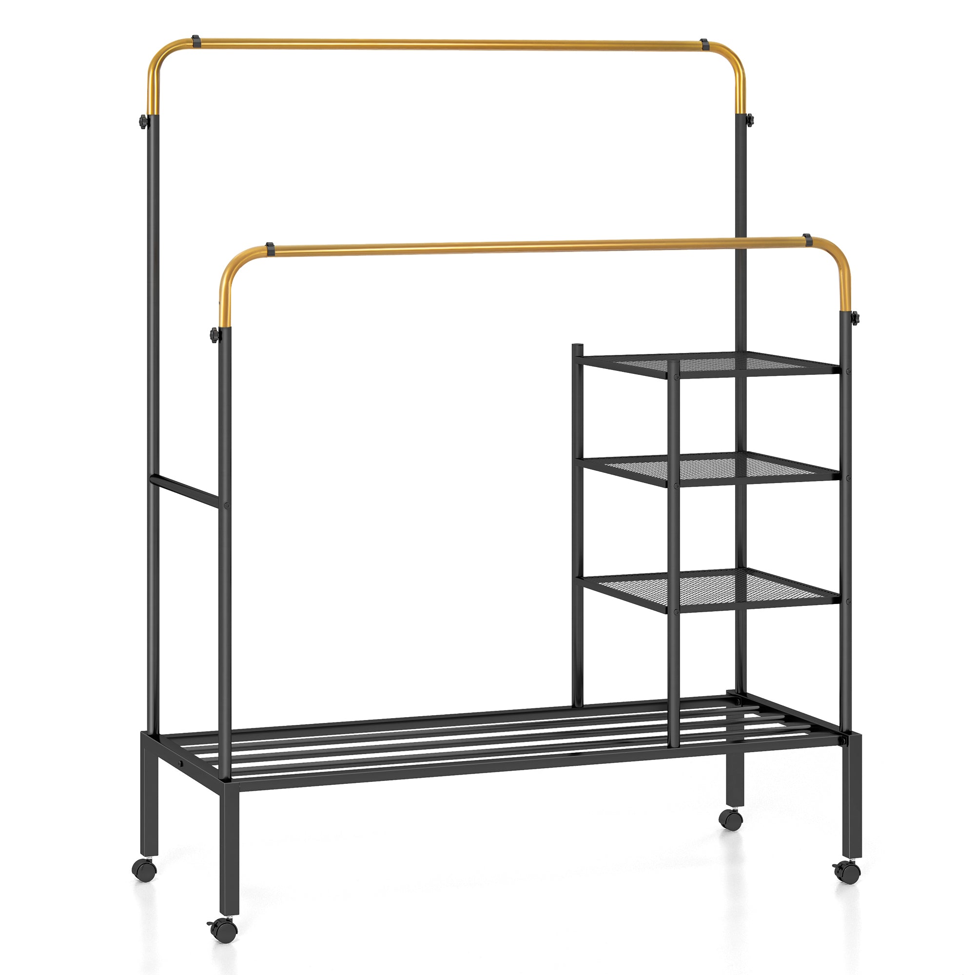 Rolling Clothes Drying Rack with 2 Adjustable Hanging Bars-Black &amp; Gold