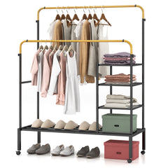 Rolling Clothes Drying Rack with 2 Adjustable Hanging Bars-Black & Gold