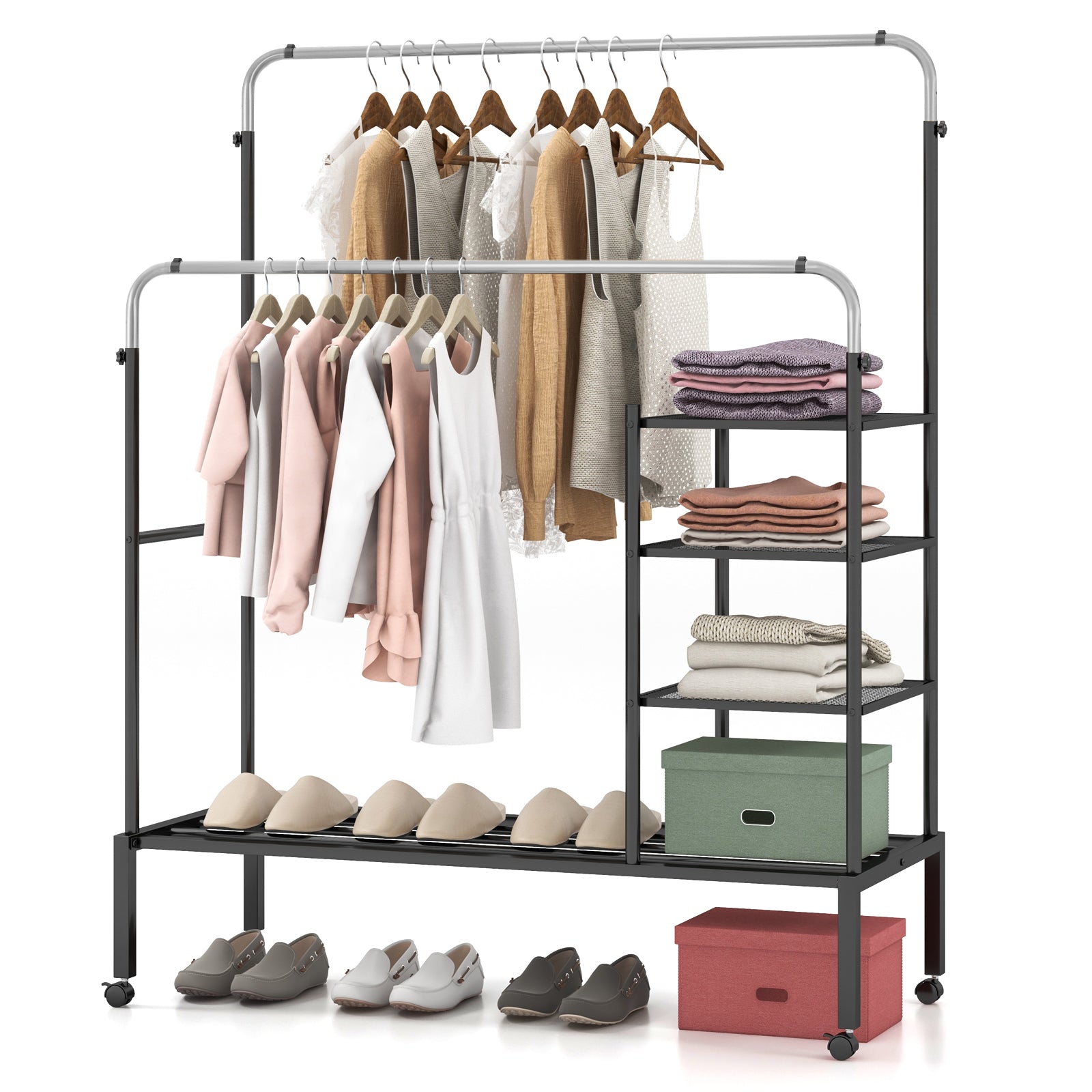 Rolling Clothes Drying Rack with 2 Adjustable Hanging Bars-Black &amp; Silver