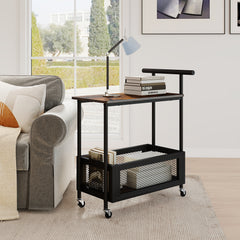 Rolling End Table with Handle 2-Tier Sofa Side Table with Open Shelf-Rustic Brown
