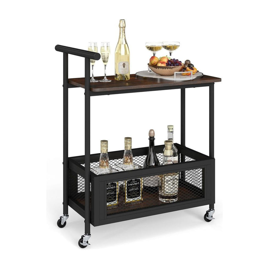 Rolling End Table with Handle 2-Tier Sofa Side Table with Open Shelf-Rustic Brown