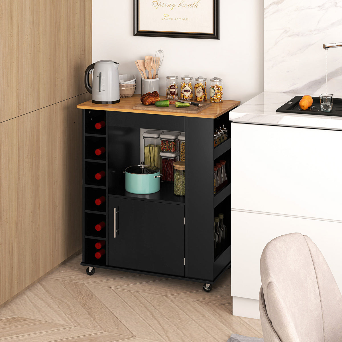 Rolling Kitchen Island with Storage and Towel Rack-Black