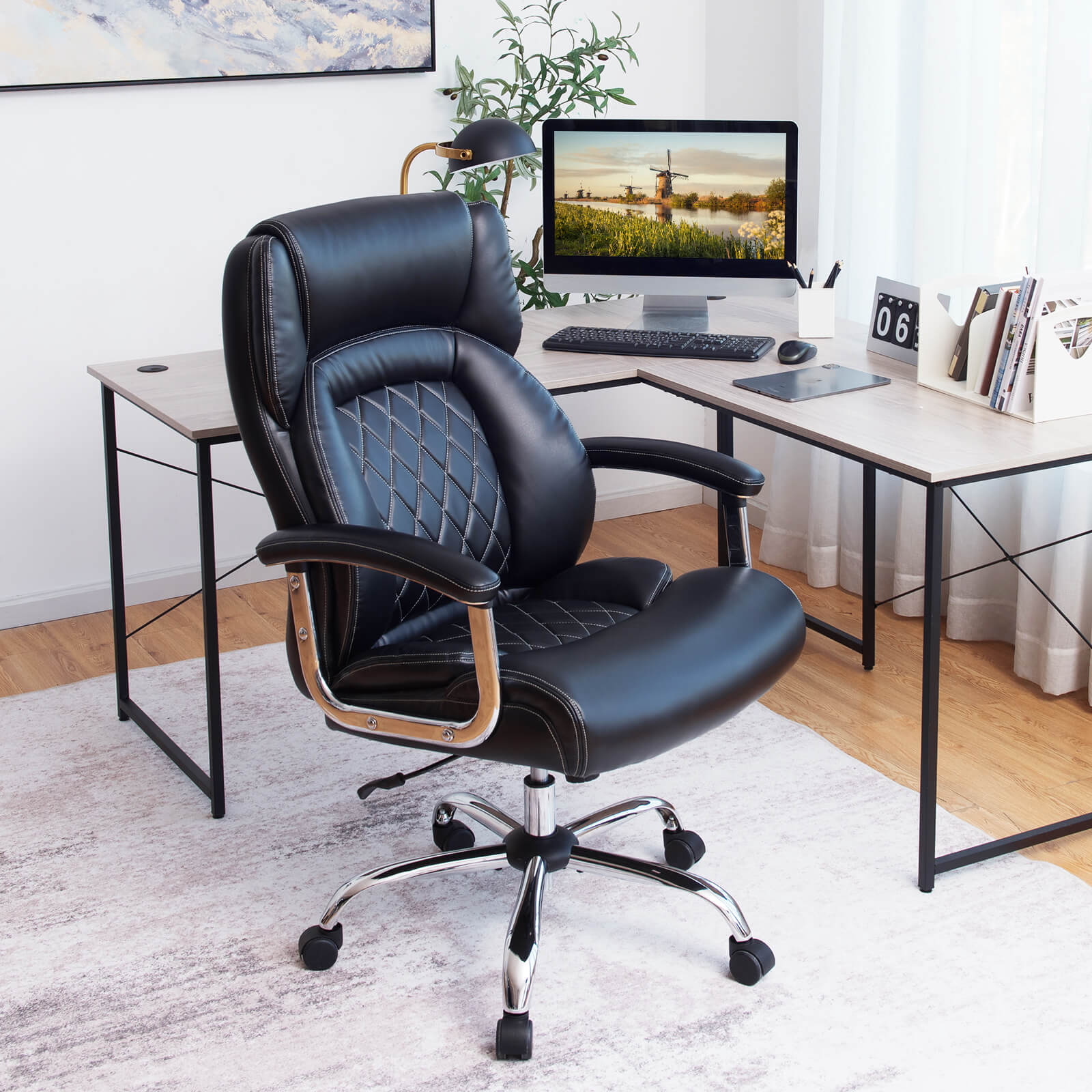Leather Office Chair with Rocking Mode and Armrests-Black