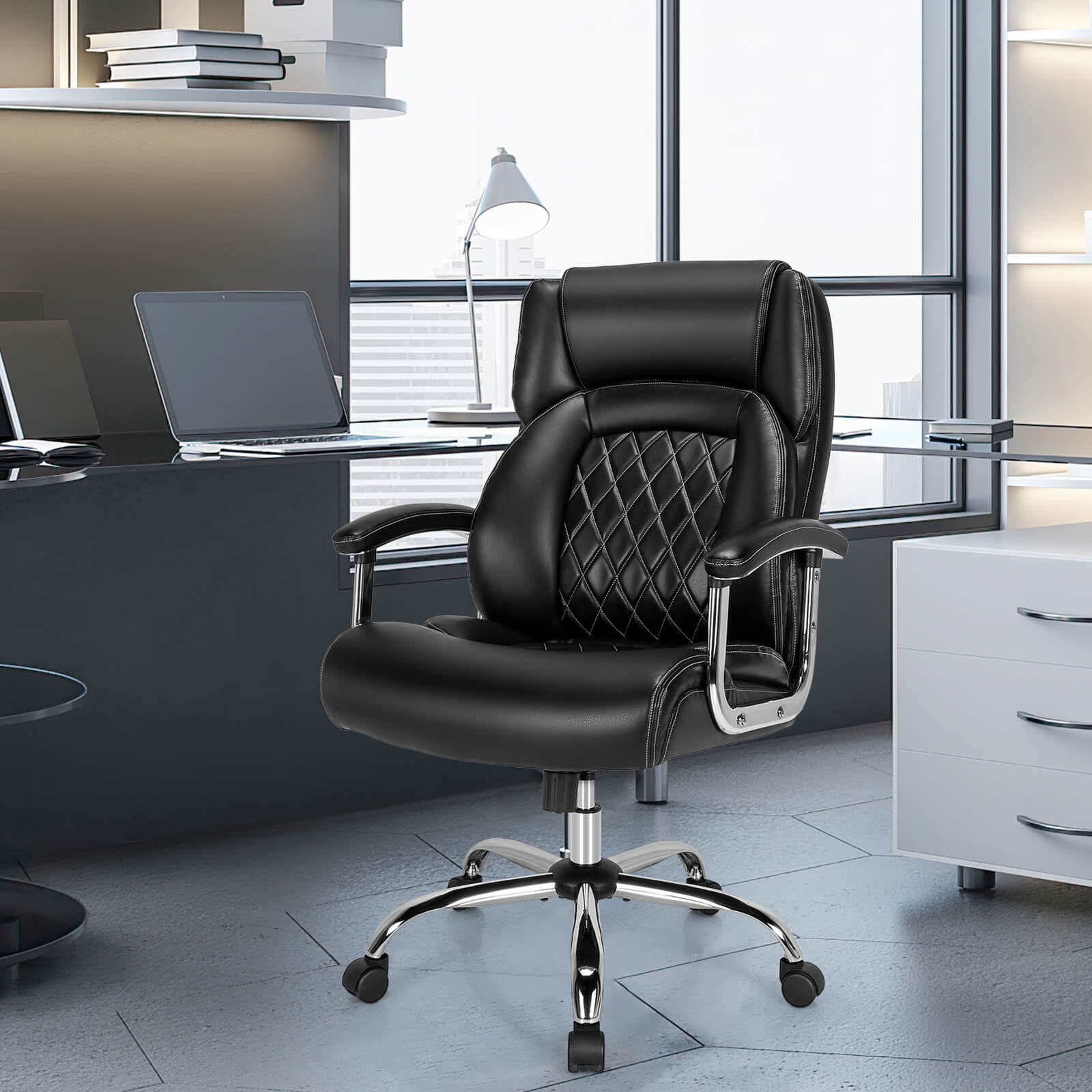 Leather Office Chair with Rocking Mode and Armrests-Black