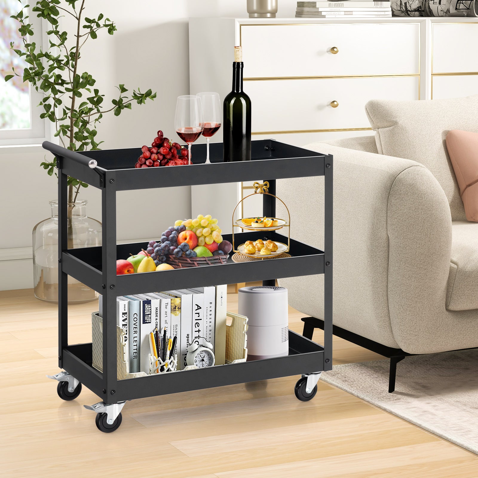 3 Shelf Rolling Metal Utility Cart with Ergonomic Handle-Black