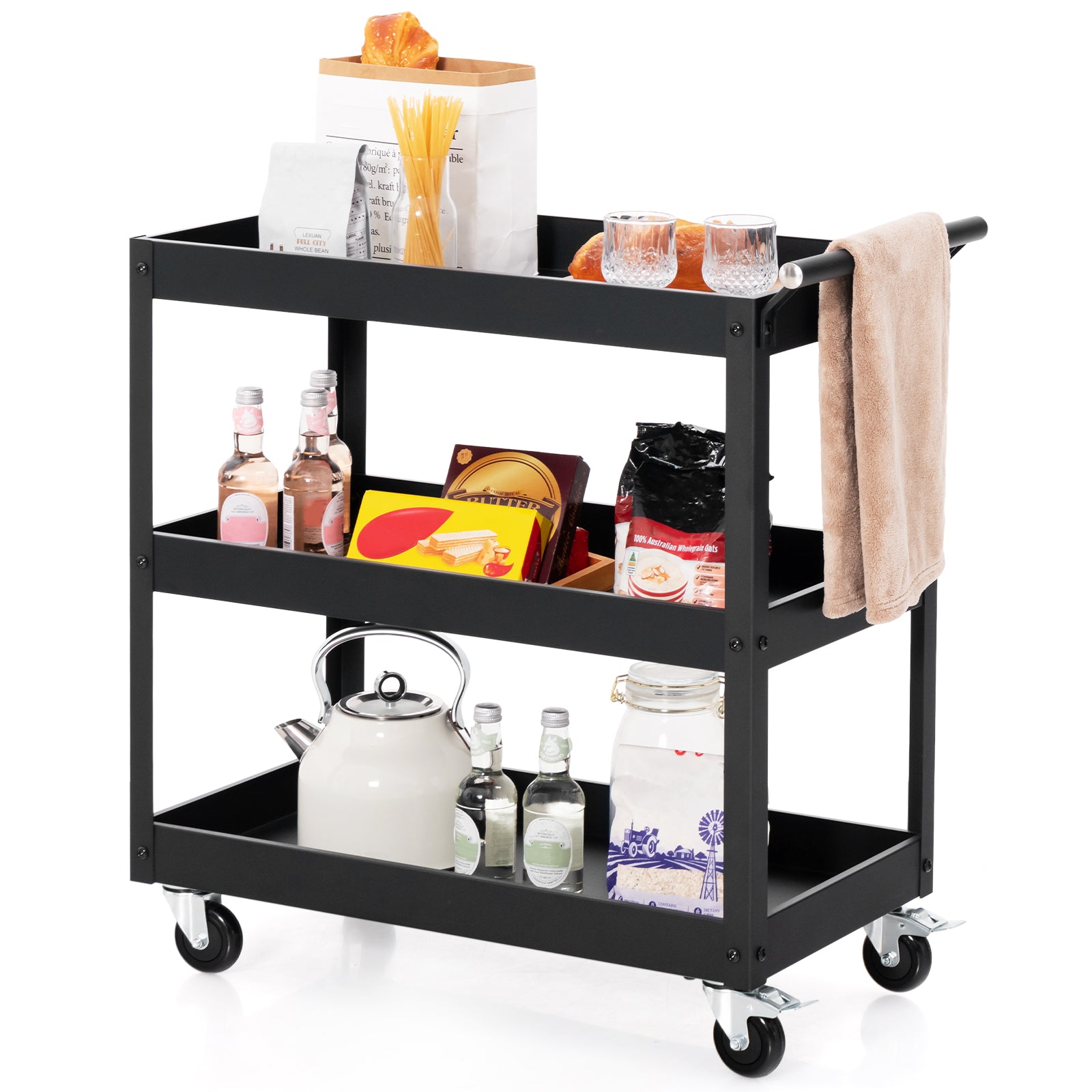 3 Shelf Rolling Metal Utility Cart with Ergonomic Handle-Black