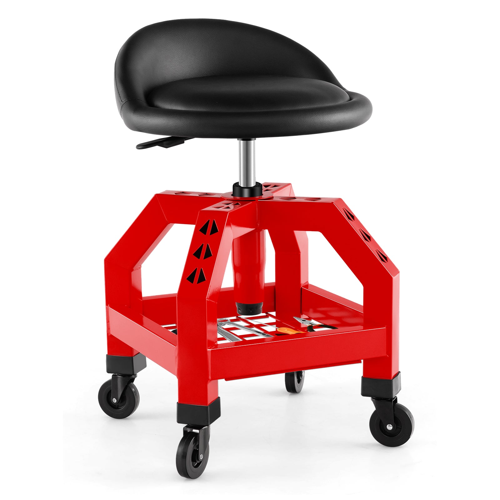 Rolling Seat Mechanic Stool Chair Height Adjustable with Tool Tray-Red