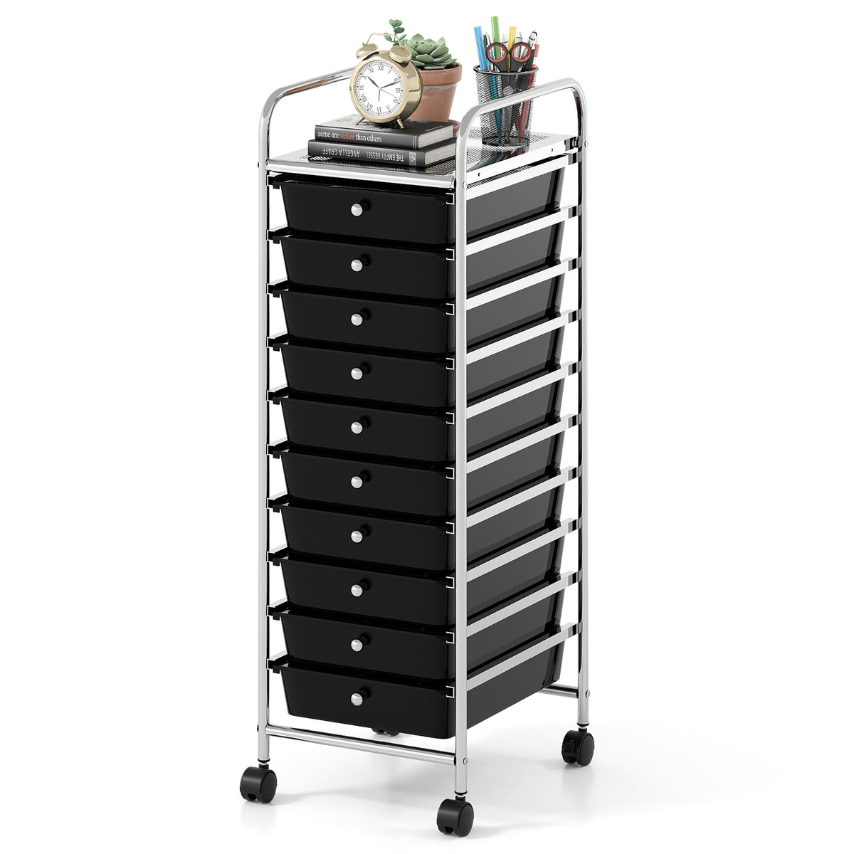 10-Drawer Rolling Storage Cart with Lockable Wheels and Removable Drawers-Black