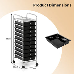 10-Drawer Rolling Storage Cart with Lockable Wheels and Removable Drawers-Black