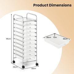 10-Drawer Rolling Storage Cart with Lockable Wheels and Removable Drawers-White