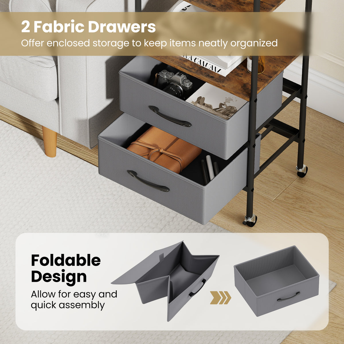 Rolling Utility Storage Cart Mobile Printer Stand with 2 Open Shelves-Brown