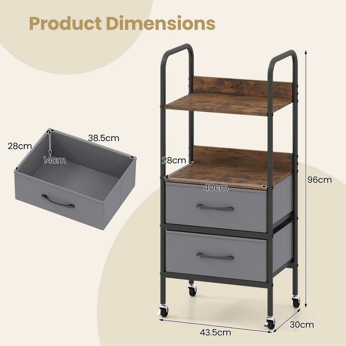 Rolling Utility Storage Cart Mobile Printer Stand with 2 Open Shelves-Brown