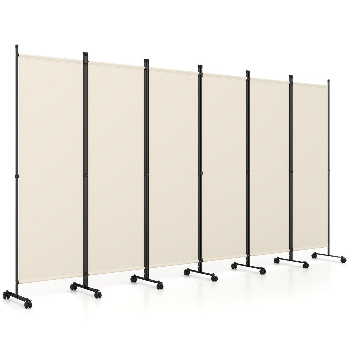 Room Divider 6-Panel Folding Privacy Screen with Lockable Rolling Wheels-Beige