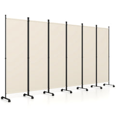 Room Divider 6-Panel Folding Privacy Screen with Lockable Rolling Wheels-Beige