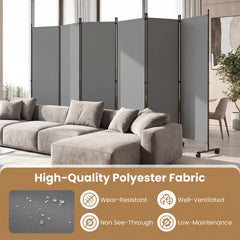 Room Divider 6-Panel Folding Privacy Screen with Lockable Rolling Wheels-Grey