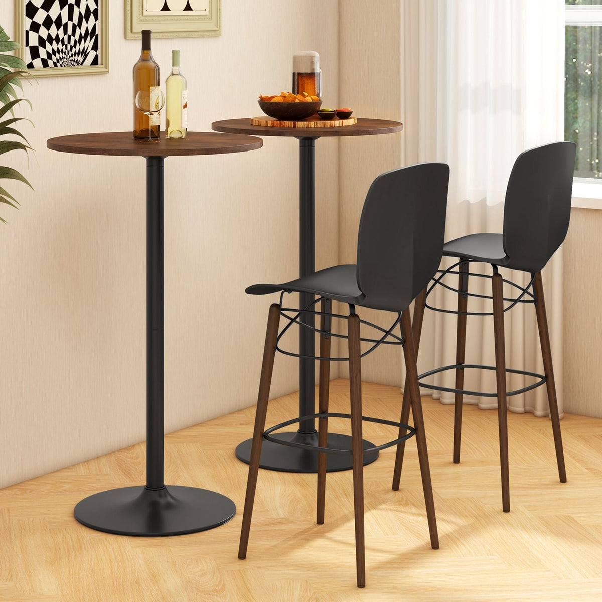 Round Bar Table with Adjustable Height and Metal Base Set of 2-Brown
