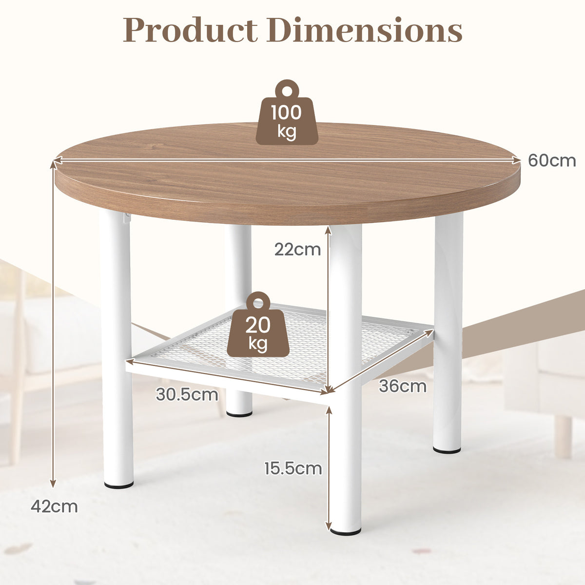 Round Coffee Table 2-Tier Modern Circular Center Table with Storage Shelf-Natural