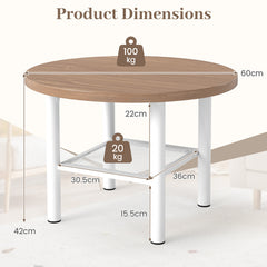 Round Coffee Table 2-Tier Modern Circular Center Table with Storage Shelf-Natural