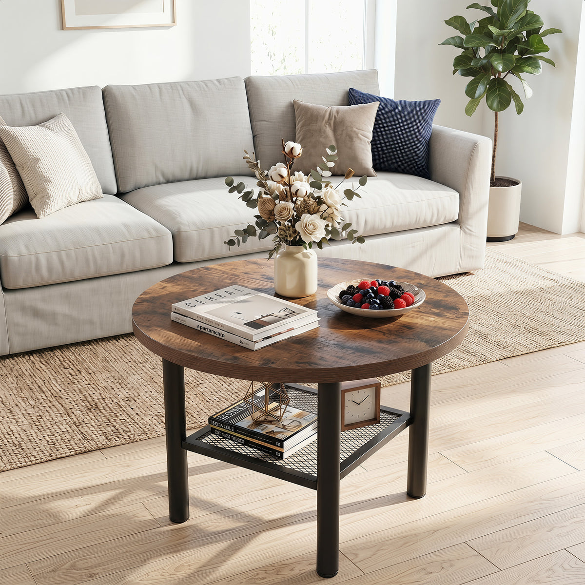 Round Coffee Table 2-Tier Modern Circular Center Table with Storage Shelf-Rustic Brown