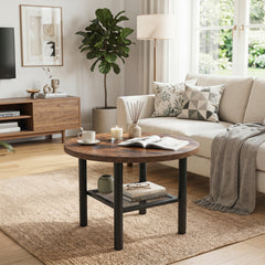 Round Coffee Table 2-Tier Modern Circular Center Table with Storage Shelf-Rustic Brown