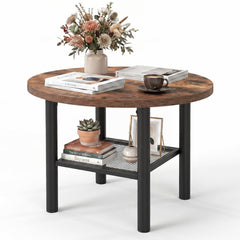 Round Coffee Table 2-Tier Modern Circular Center Table with Storage Shelf-Rustic Brown
