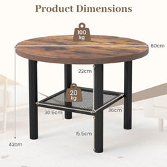Round Coffee Table 2-Tier Modern Circular Center Table with Storage Shelf-Rustic Brown