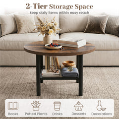 Round Coffee Table 2-Tier Modern Circular Center Table with Storage Shelf-Rustic Brown