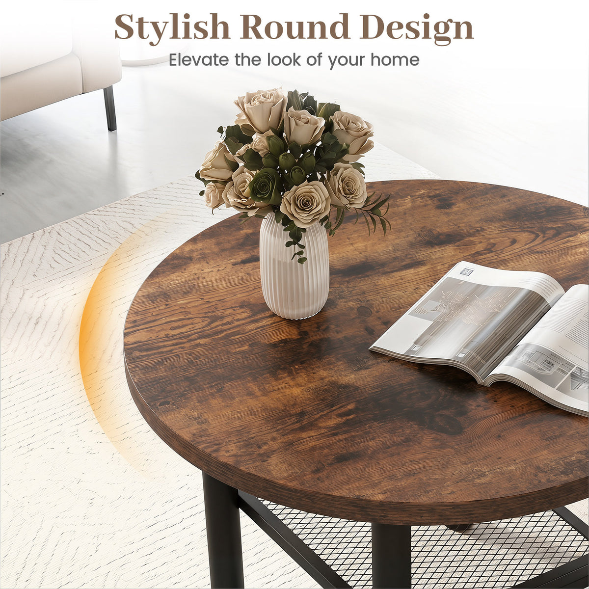 Round Coffee Table 2-Tier Modern Circular Center Table with Storage Shelf-Rustic Brown