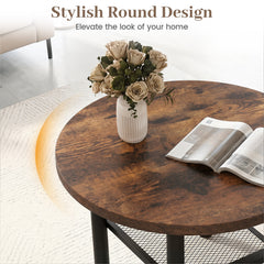 Round Coffee Table 2-Tier Modern Circular Center Table with Storage Shelf-Rustic Brown