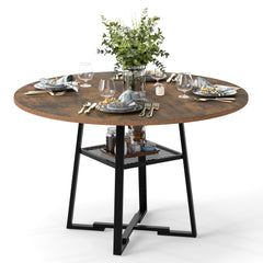Round Dining Table for 4-6 120 CM Dining Room Table with Storage Shelf and Metal Legs-Brown