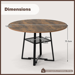 Round Dining Table for 4-6 120 CM Dining Room Table with Storage Shelf and Metal Legs-Brown