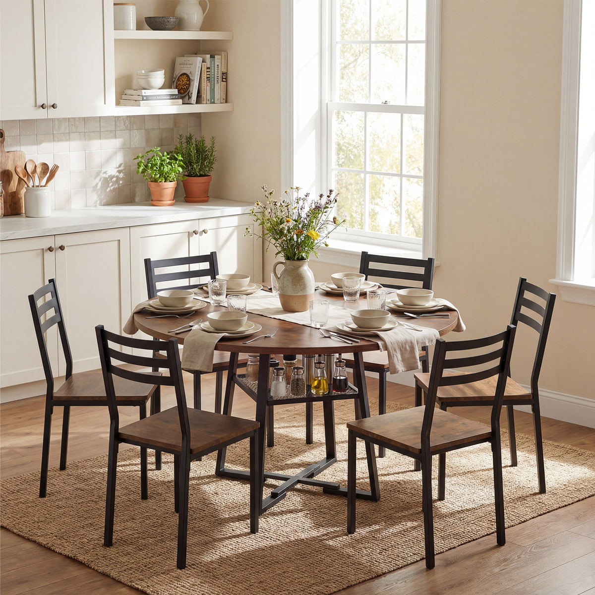 Round Dining Table for 4-6 120 CM Dining Room Table with Storage Shelf and Metal Legs-Brown
