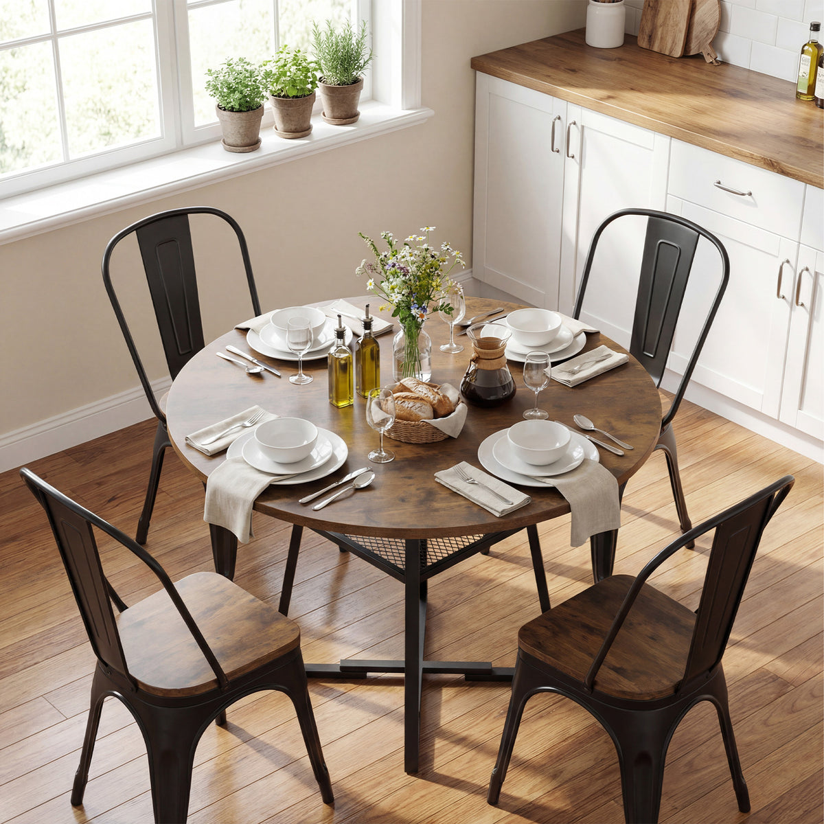 Round Dining Table for 4-6 120 CM Dining Room Table with Storage Shelf and Metal Legs-Brown