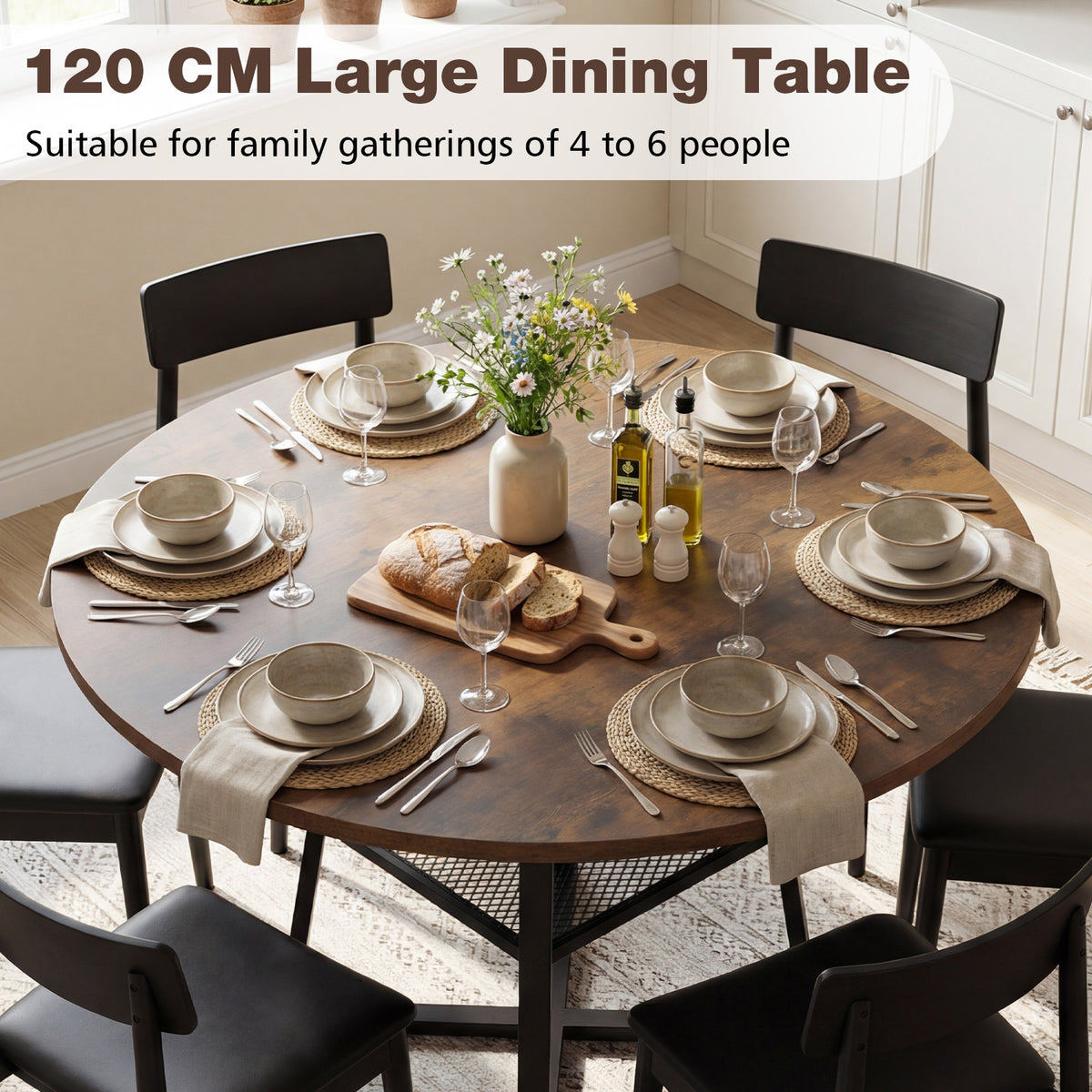 Round Dining Table for 4-6 120 CM Dining Room Table with Storage Shelf and Metal Legs-Brown