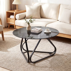 Round Tempered Glass Coffee Table with Triangle Metal Frame for Living Room-Black