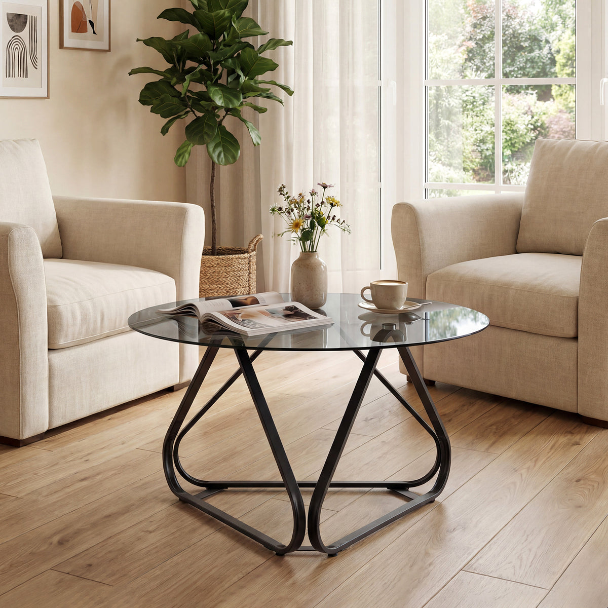 Round Tempered Glass Coffee Table with Triangle Metal Frame for Living Room-Black