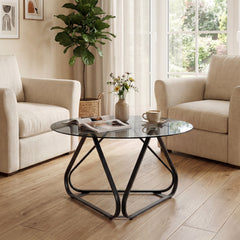 Round Tempered Glass Coffee Table with Triangle Metal Frame for Living Room-Black
