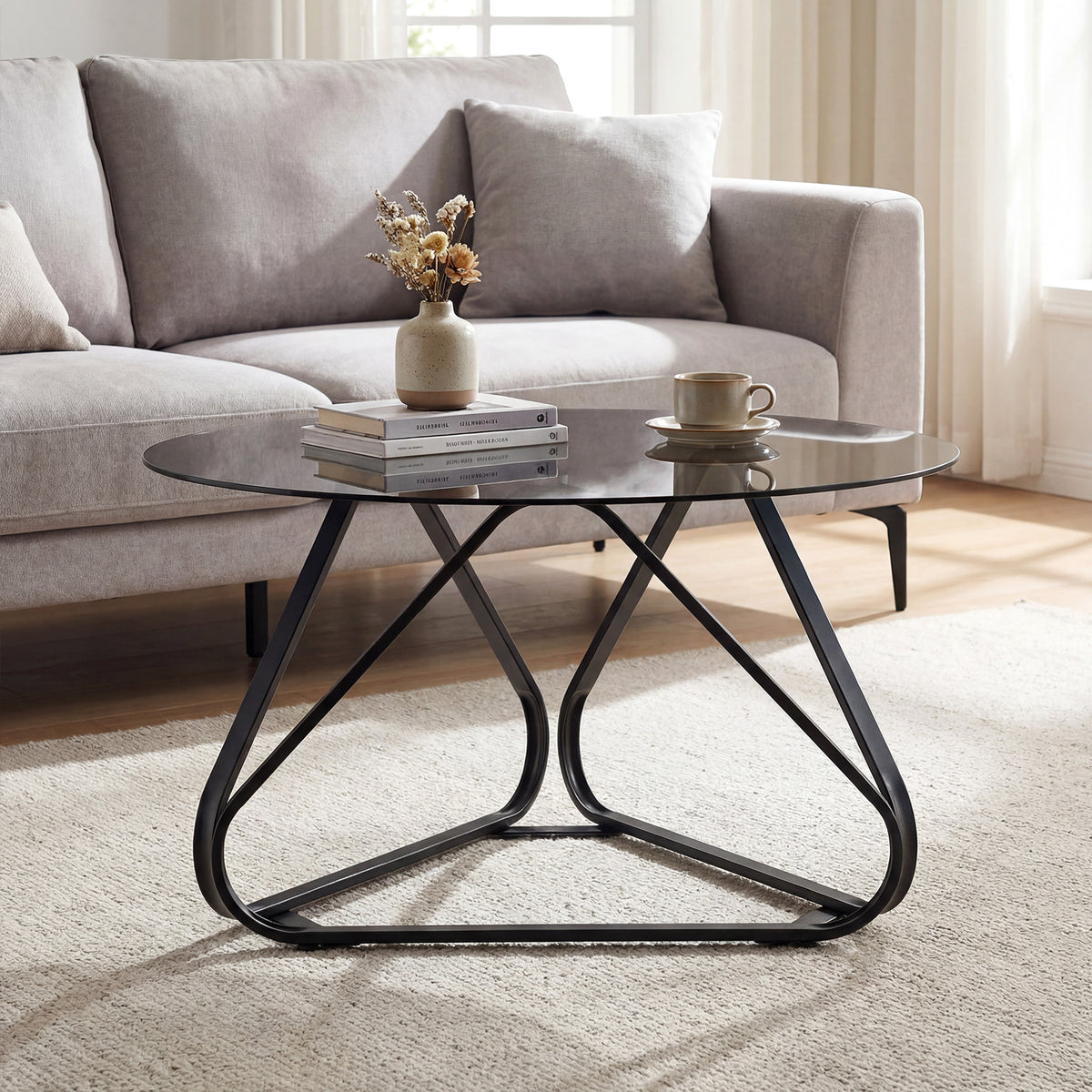 Round Tempered Glass Coffee Table with Triangle Metal Frame for Living Room-Black