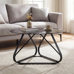 Round Tempered Glass Coffee Table with Triangle Metal Frame for Living Room-Black