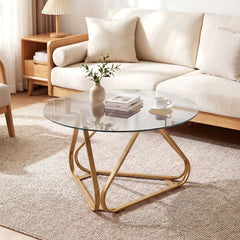 Round Tempered Glass Coffee Table with Triangle Metal Frame for Living Room-Gold