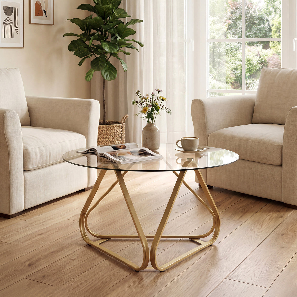 Round Tempered Glass Coffee Table with Triangle Metal Frame for Living Room-Gold