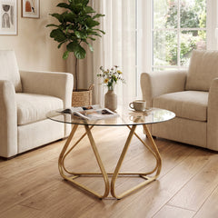 Round Tempered Glass Coffee Table with Triangle Metal Frame for Living Room-Gold