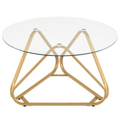Round Tempered Glass Coffee Table with Triangle Metal Frame for Living Room-Gold
