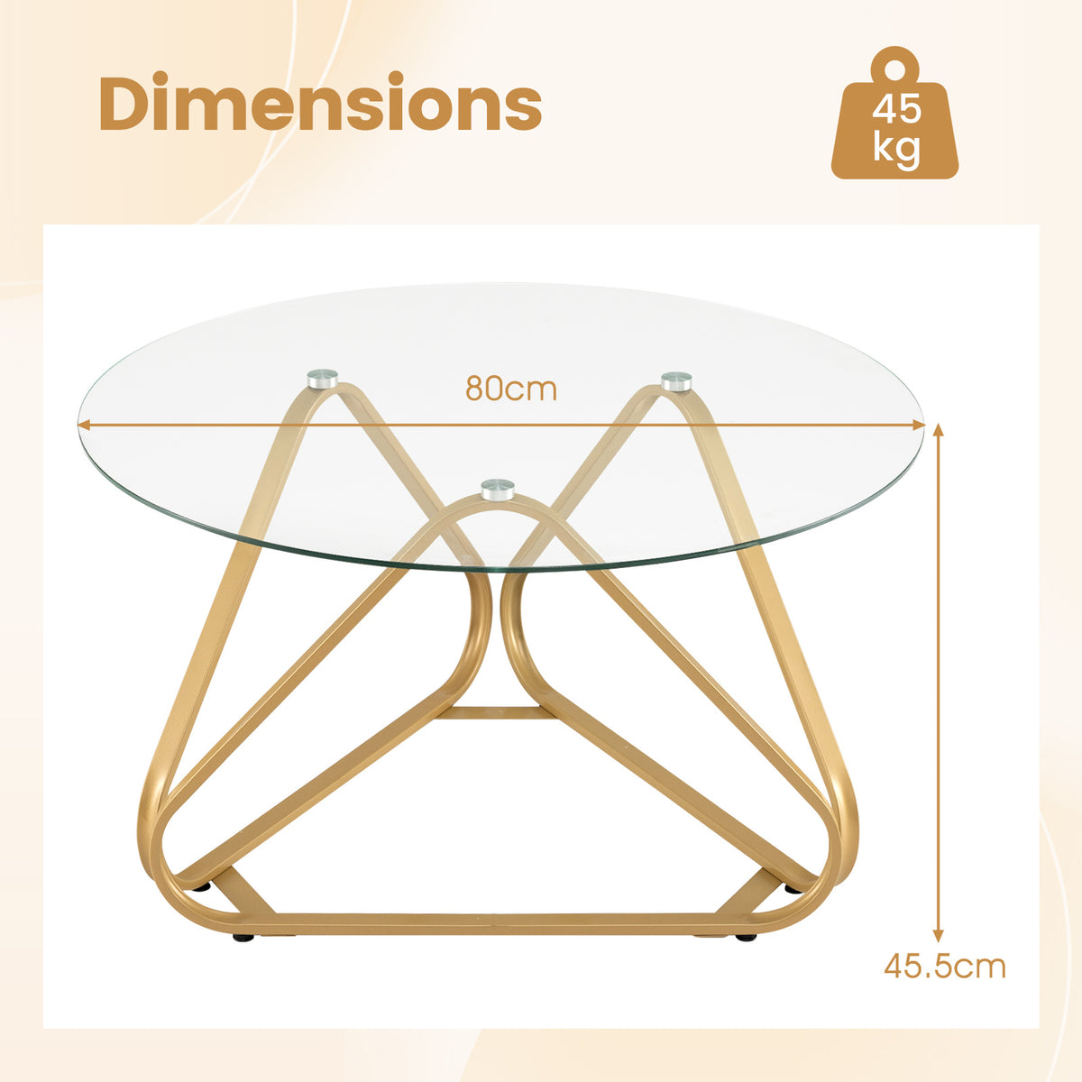 Round Tempered Glass Coffee Table with Triangle Metal Frame for Living Room-Gold