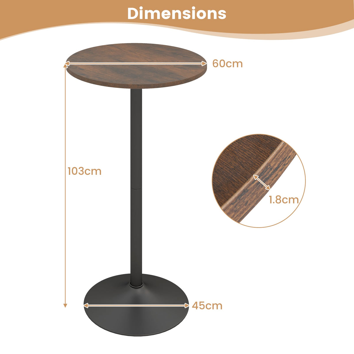 Round Top Pub and Bar Table with MDF Top and Base-1 Piece-Rustic Brown