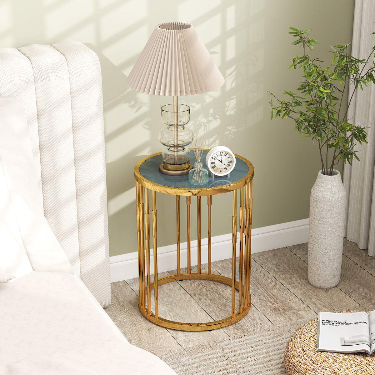 40CM Round Coffee Table Small Glass Side Table-Golden