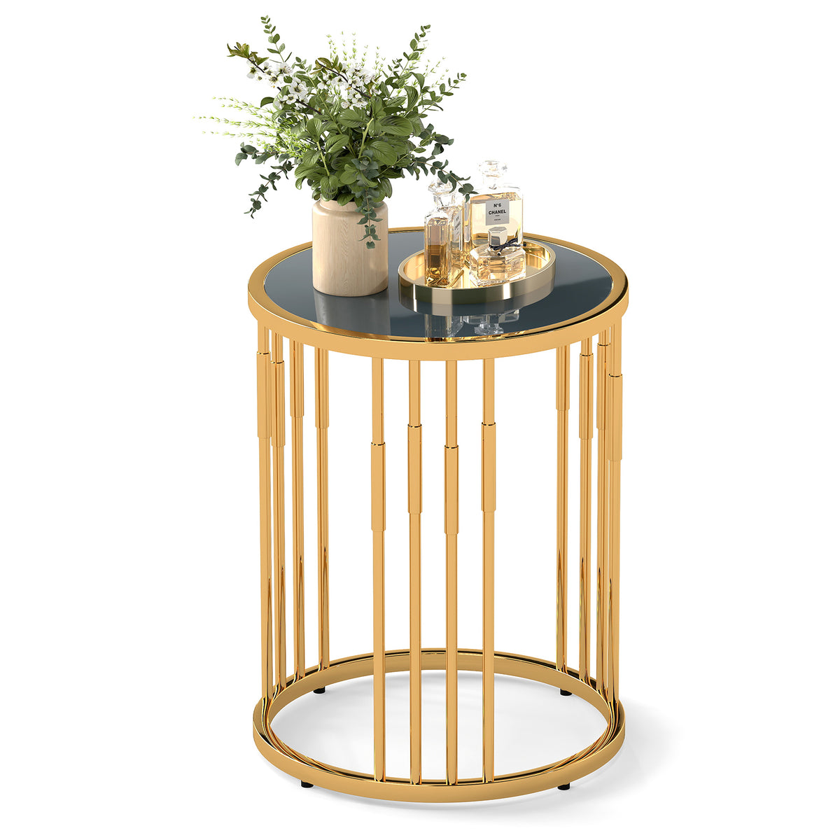 40CM Round Coffee Table Small Glass Side Table-Golden